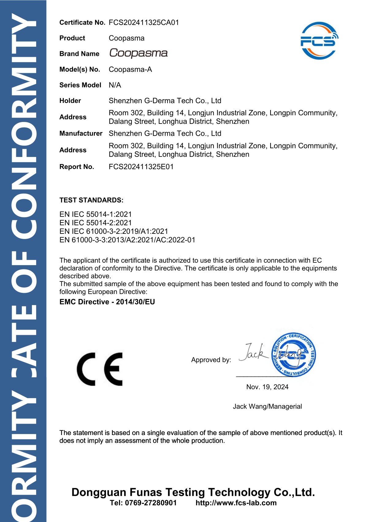 Primera página de la conformidad EMC de Coopasma